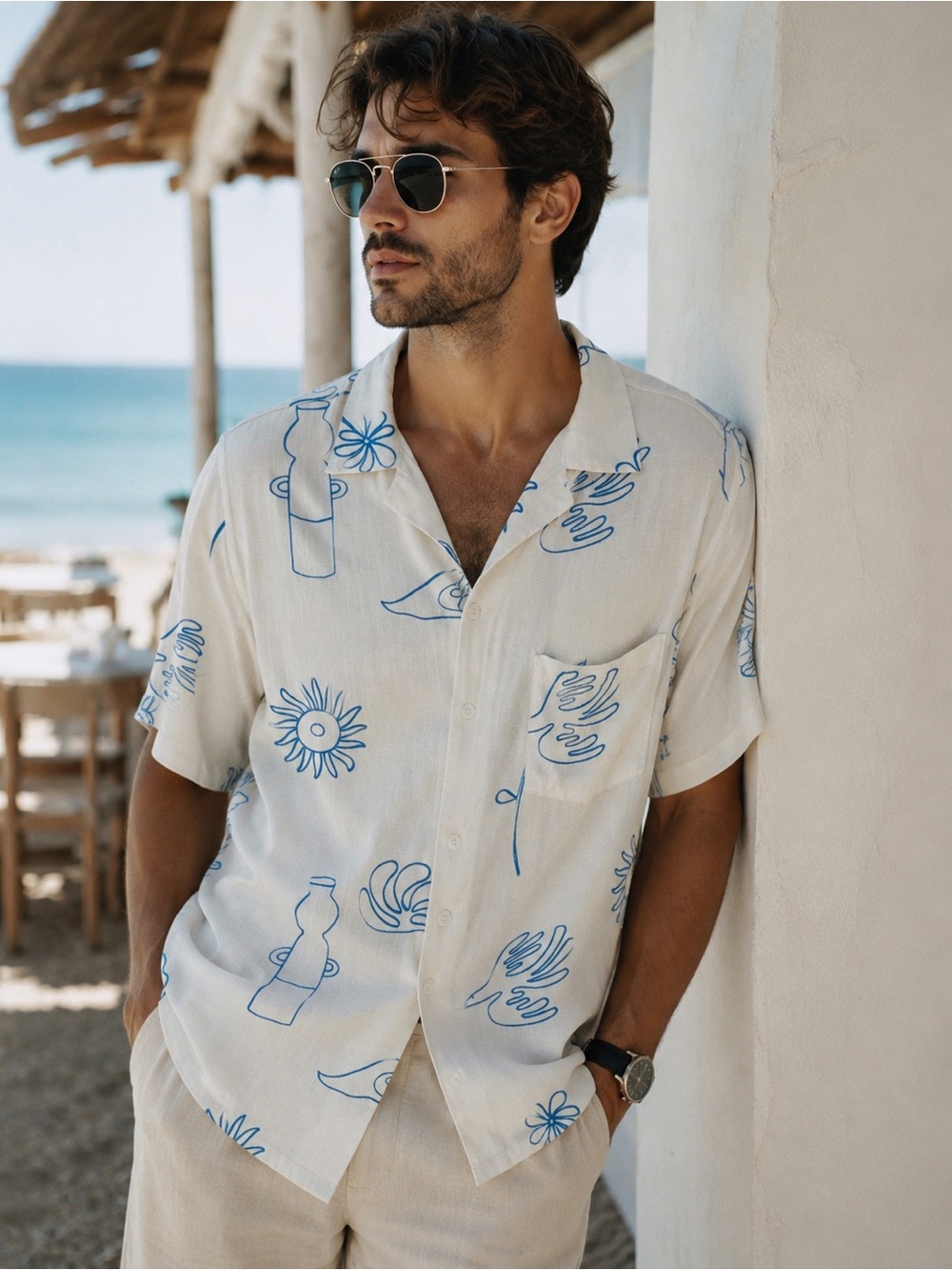 Banks Journal Linen Blend Camp Collar Abstract Print Shirt Men’s M
